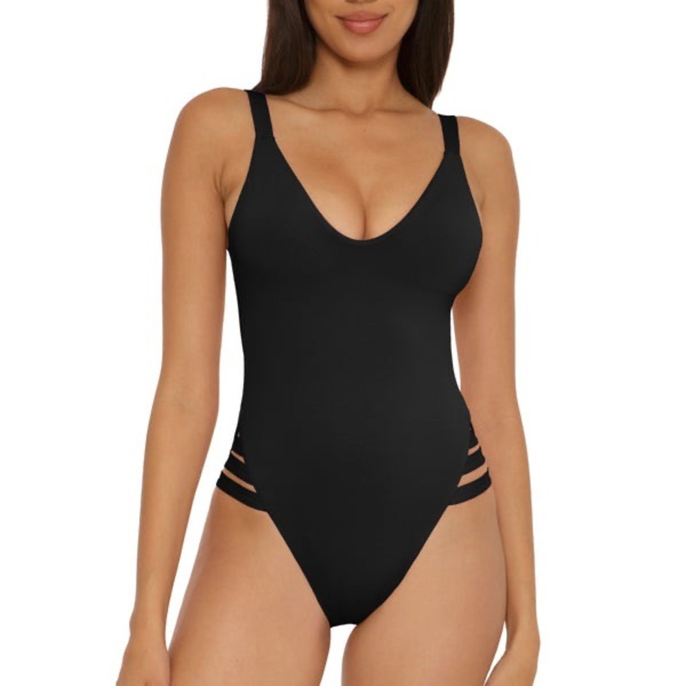 NWT Becca | One Piece Swimsuit Large Black High Leg Strappy Side Cutout
